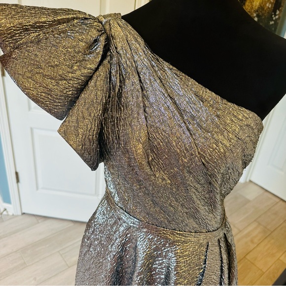 Mac Duggal Dress Silver 6 One Shoulder Bow Midi Gown Ruffle 67906 New - Picture 6 of 13